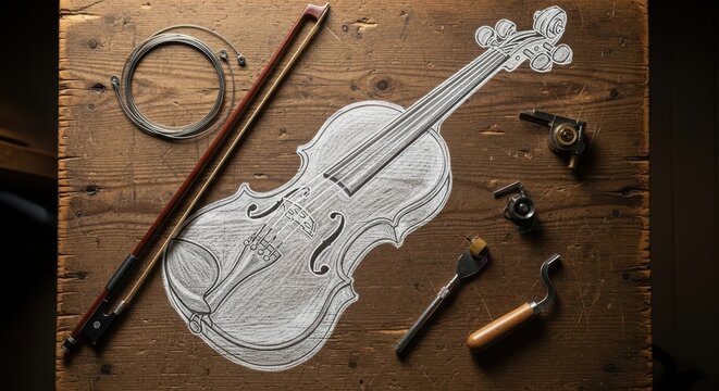 Top-down view of a violin sketch with luthier tools, a bow, and strings on a wooden workbench - Powered by Adobe