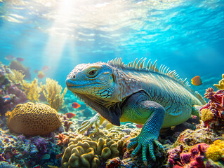 Marine Iguana Basking on Coral Reef in Tropical Waters 열대 바다 산호초에서 휴식하는 바다이구아나