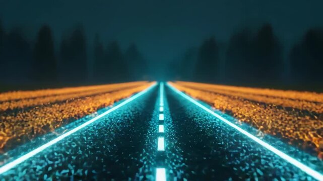 A mesmerizing view of a futuristic road illuminated by vibrant blue and orange lights stretching into the distance under a dark starry sky creating a surreal atmosphere perfect for creative projects