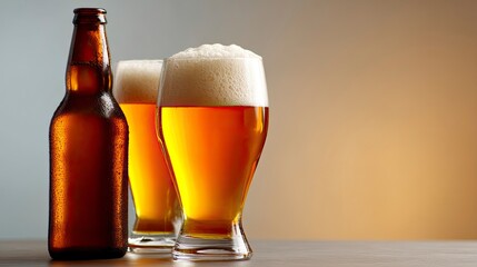 A beer bottle and two glasses filled with beer showing condensation and foam