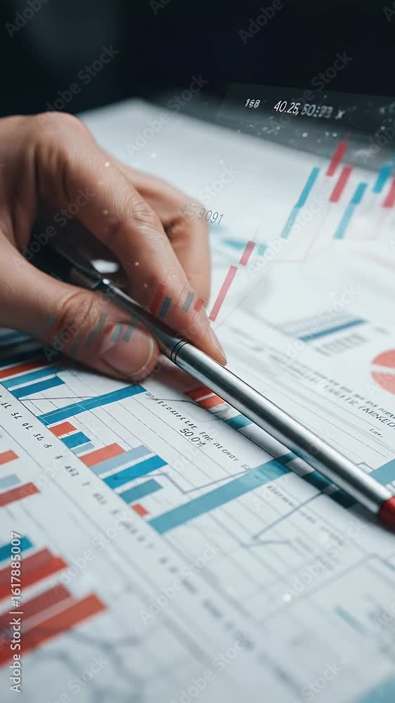Poster realistic video of a hand pointing at financial data analysis with charts and graphs in office