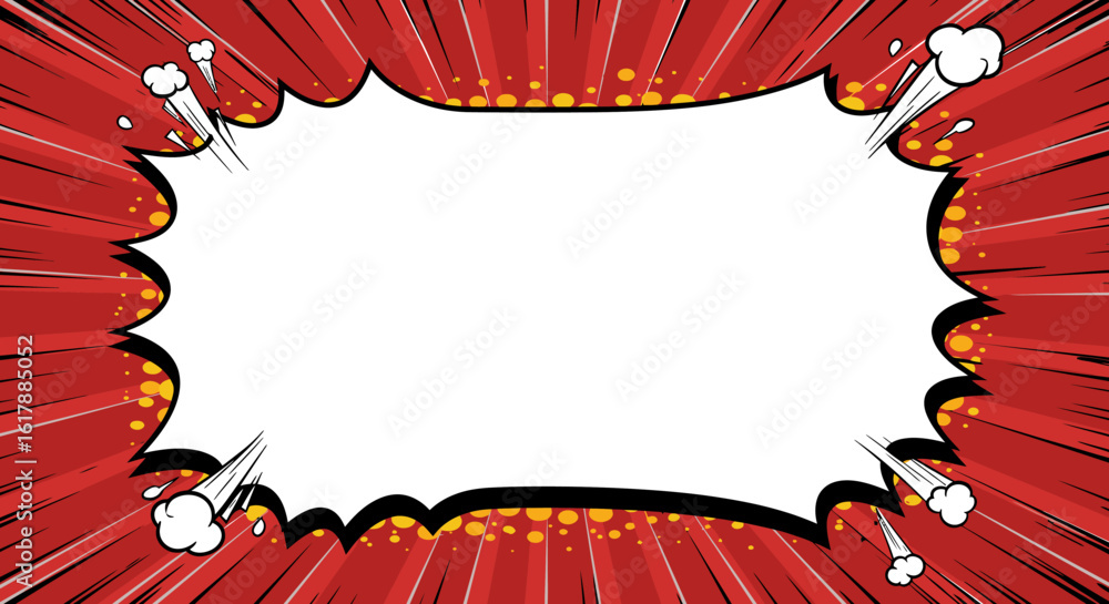 Poster dynamic comic book speech bubble with red radial background and speed lines