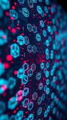 Abstract Digital Interface with Hexagonal Icons and Futuristic Data Stream in Neon Colors, cyber security wall
