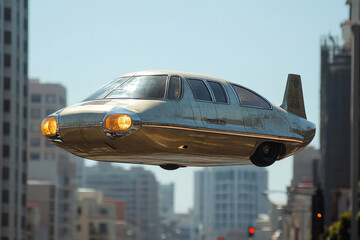 Vintage Hovering Vehicle Above City Streets