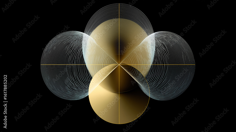 Poster elegant intersecting gold circles form a sophisticated symmetrical abstract graphic.