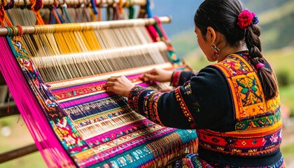 Woman skillfully weaving vibrant textile on a traditional loom outdoors