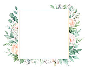 Vector vintage floral frame illustration with green leaves and a border of spring flowers, perfect for a card design