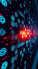 Abstract Digital Interface with Hexagonal Icons and Futuristic Data Stream in Neon Colors, cyber security wall