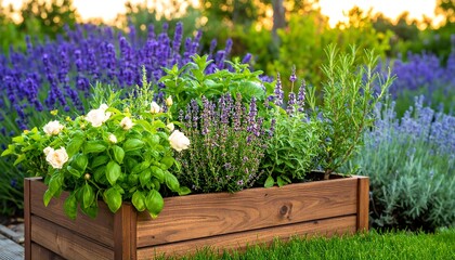 Wooden planter box overflowing with herbs and flowers in a garden setting at sunset