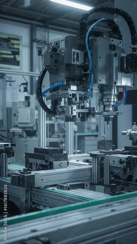 Poster realistic video of automated factory machine in blue tones with conveyor