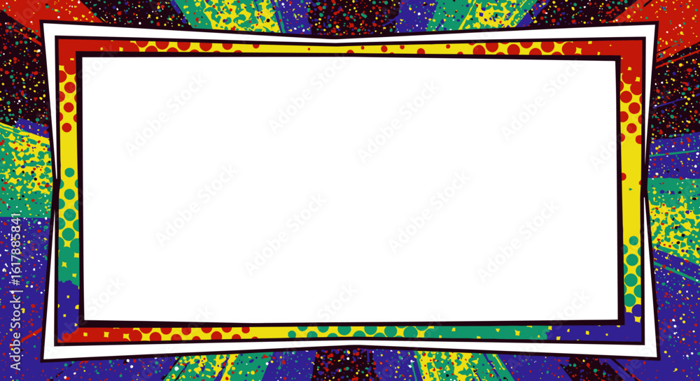 Poster colorful retro frame with halftone dots and splatter background
