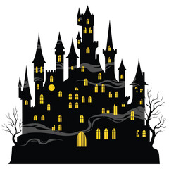 Haunted castle silhouette with glowing windows vector illustration