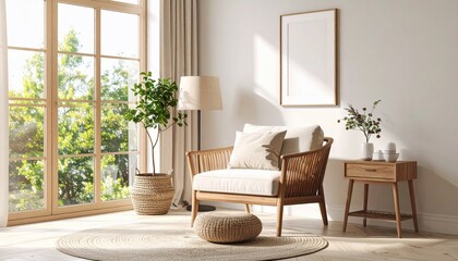 Naklejka premium Serene Living Room: Minimalist Design with Natural Light