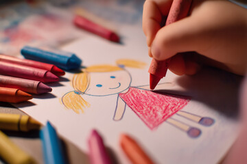 赤い服を着たツインテールの女の子をクレヨンで描く子どもの手元