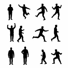 Diverse Male Silhouettes in Various Poses: Standing, Running, Jumping, and Dynamic Actions Isolated on White Background for Design and Illustration Purposes.