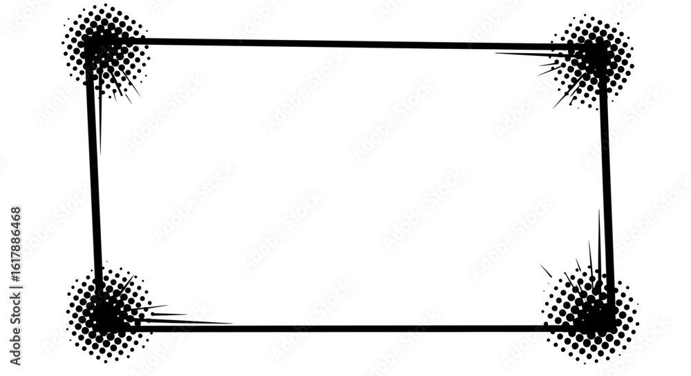 Aufkleber rectangular frame with halftone dot corners and burst effect in black and white