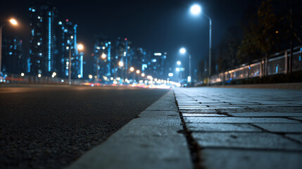Fototapeta premium Empty road, sidewalk with the the city at night in the background with copy space