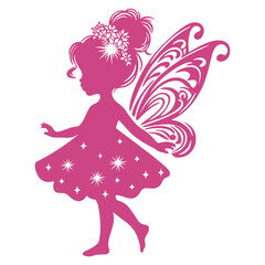 Whimsical pink fairy vector silhouette with decorative wings and a flower in hair, striking a playful pose, ideal for children's illustrations and fantasy-themed designs