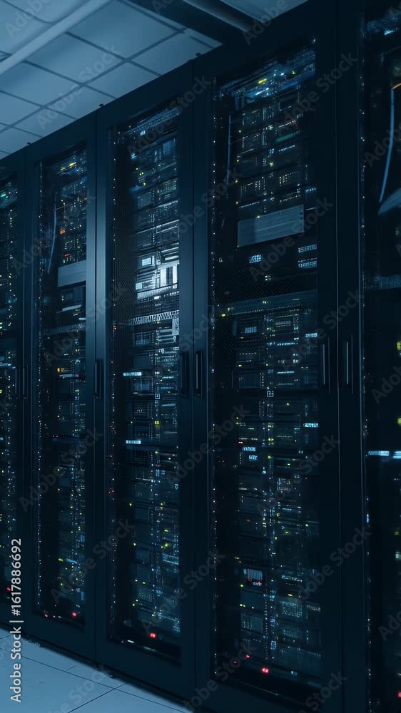 Poster realistic video of dark data server racks in modern data center