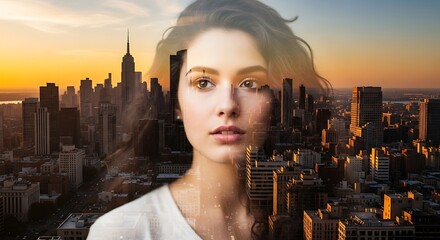 A double exposure of a woman's face superimposed over a cityscape at sunset with golden light