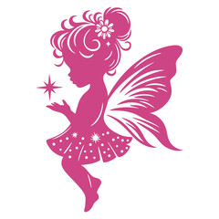 Baby fairy vector silhouette features detailed wings and a playful pose, reaching for a star.