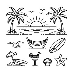 Obraz premium Summer Sunset Beach Icons Sun on Horizon, Beach Chair, Umbrella, Flip-Flops, Tropical Drink, Sea Breeze Lines, and Sunset Reflection on Water.ai