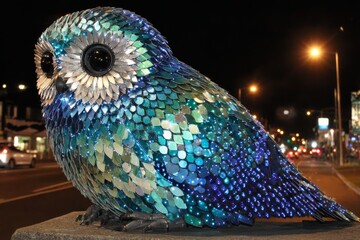 Luminous Owl Sculpture at Night, City Street Background