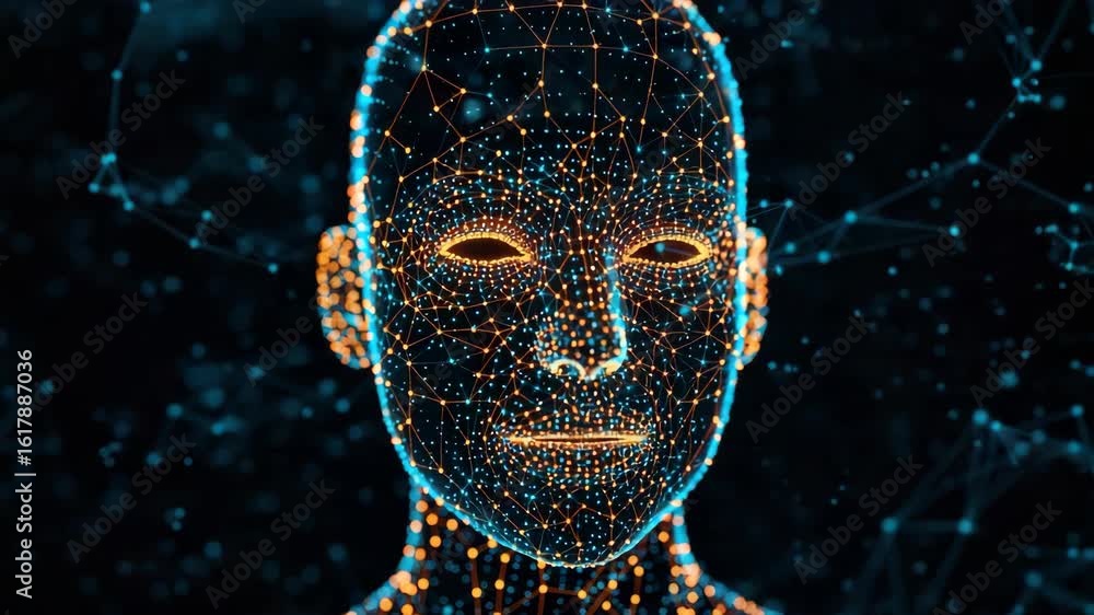 Poster a futuristic digital representation of a human face composed of glowing particles and interconnected