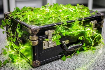 Vintage Suitcase Overgrown with Luminous Green Ivy