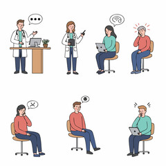 Healthcare professionals interacting with diverse patients depicting health concerns, symptoms, and digital communication challenges.