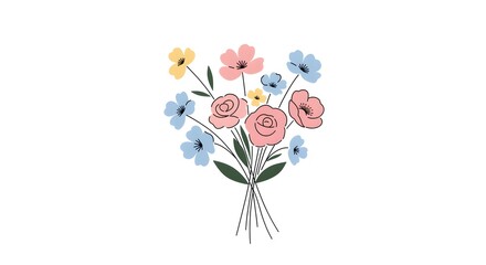 Obraz premium Pink, Blue, Yellow floral arrangement design; illustration with flat style and clean surface; for branding, posters, social media, or print.