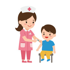 Female nurse giving a vaccine shot to a young boy. Pediatric immunization and healthcare concept for children. Isolated vector character design.