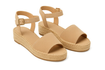 Naklejka premium Beige espadrille wedge sandals with open-toe silhouette, highlighting jute craftsmanship and summer-ready style against transparent background