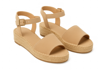Beige espadrille wedge sandals with open-toe silhouette, highlighting jute craftsmanship and summer-ready style against transparent background