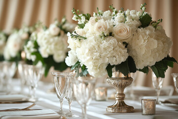 White Floral Centerpiece With Crystal Tableware