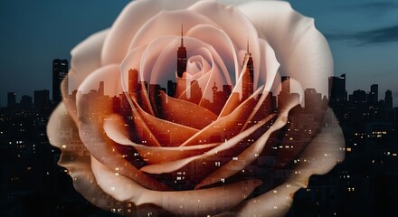 A double exposure of a rose with a city skyline at night blending together seamlessly in the image