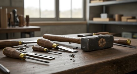 Brown wood workbench features wood chisels and hammer. Use for woodworking, industrial, or product photography.