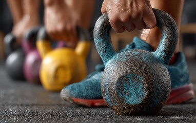 Athletes sweating and lifting kettlebells during a cross training workout session