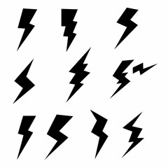 Set of Black Lightning Bolt Icons on White Background, featuring various dynamic electric symbol designs for power, speed, energy, and warning representations.
