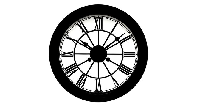 Black and white clock with Roman numerals. Modern design element, for digital design, presentations, posters, website, clock face mockups.