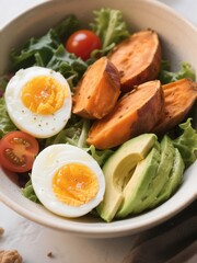 Egg & Avocado Sweet Potato Bowl. Soft-boiled eggs, avocado, sweet potatoes, lettuce, cherry tomatoes. Top with fried shallots