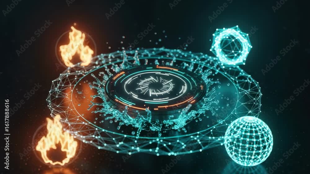 Poster a futuristic digital interface showcasing a holographic display with dynamic elements like fire wate