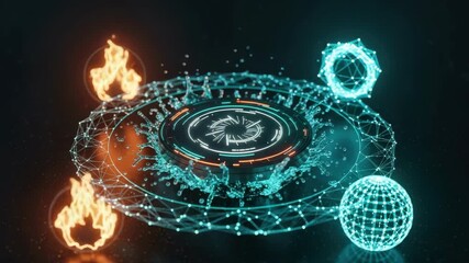 A futuristic digital interface showcasing a holographic display with dynamic elements like fire water and geometric shapes set against a dark background ideal for technology themes - Powered by Adobe