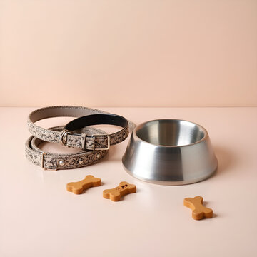 Different leashes and colars for dogs made of fabric and leather. Flat lay. Accessories for pets.
