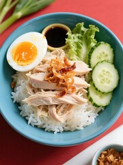 Chicken Rice Bowl. Shredded chicken over steamed rice, soft-boiled egg, cucumber, lettuce. Crispy shallots on top with optional soy sauce