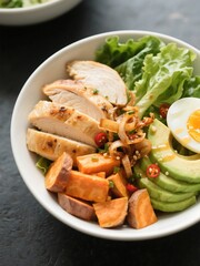 Egg & Avocado Sweet Potato Bowl. Soft-boiled eggs, avocado, sweet potatoes, lettuce, cherry tomatoes. Top with fried shallots