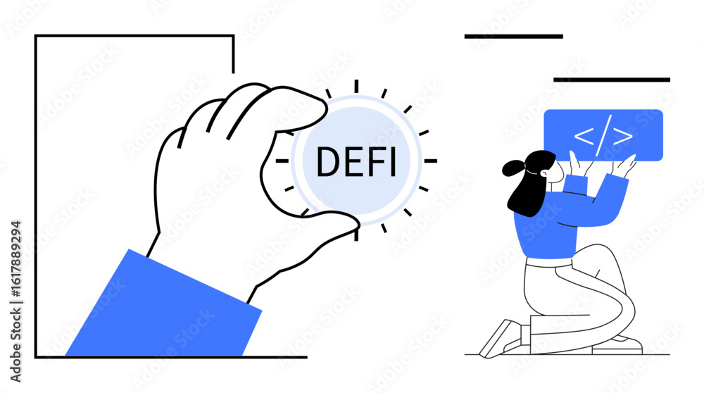 Poster hand grasping decentralized coin with defi text, woman working with coding interface. ideal for bloc