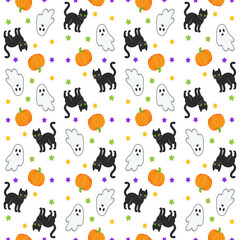 Ghost cat pattern. Spooky halloween kittens faces, horror animals and cute witchcraft cats seamless vector illustration. Halloween seamless cats wallpaper