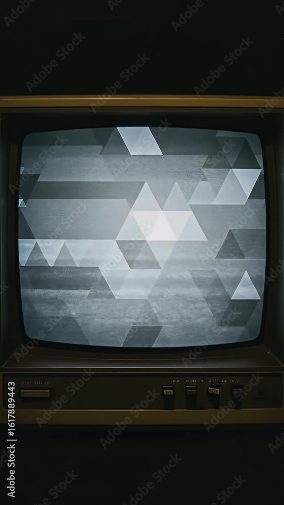 Poster retro television displaying static noise with triangular abstract shapes