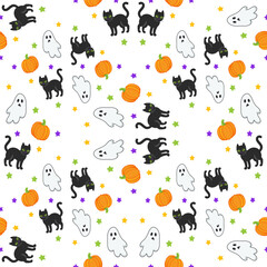 Ghost cat pattern. Spooky halloween kittens faces, horror animals and cute witchcraft cats seamless vector illustration. Halloween seamless cats wallpaper